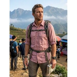 ExOfficio Adventure Wear Men Medium Pink Hiking Shirt Ventilated Roll Tab Sleeve